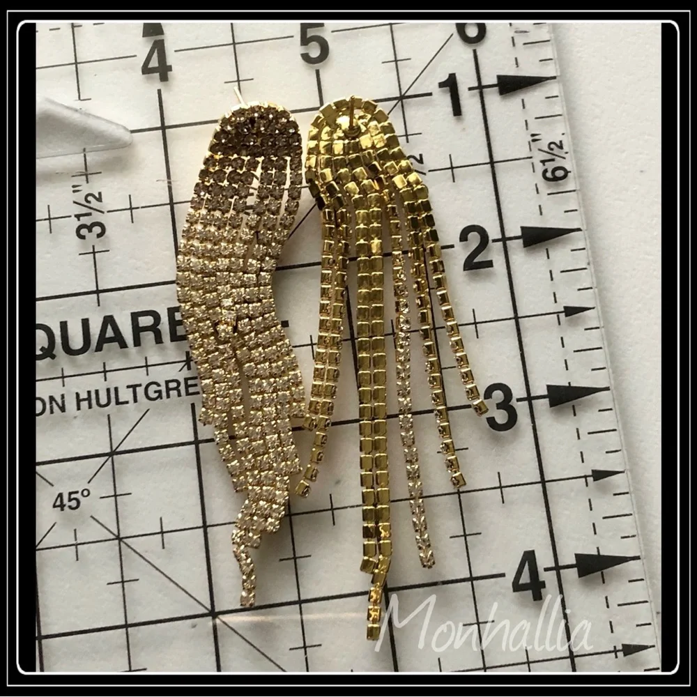 NEW GOLD SIMULATED DIAMOND LONG WATERFALL MULTI STRAND STONE EARRINGS